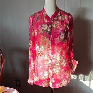 Kut from the Kloth Pink and Yellow Graphic Blouse with Mandarin Collar